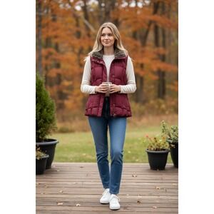 Eddie Bauer Goose Down Quilted Puffer Vest Burgundy Faux Fur Collar Women's XS